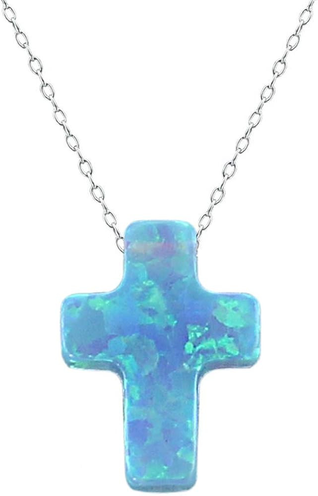 ZS Blue Opal Cross Pendant Choker Necklace Sterling Silver Charming Collar Necklace | Amazon (US)