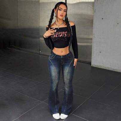 Low-waisted Vintage-style Flared Jeans With Washed Effect | SHEIN