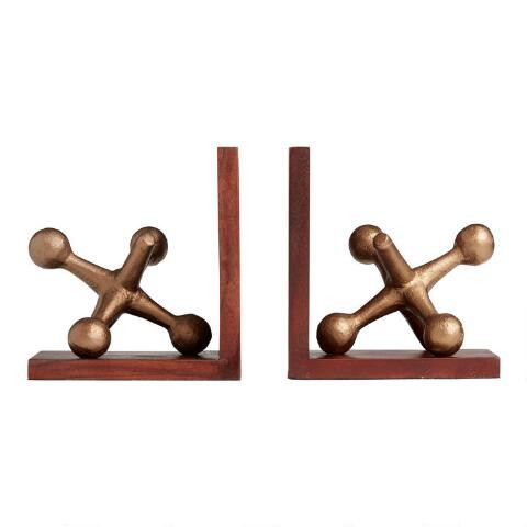 Wood and Gold Metal Jacks Bookends | World Market
