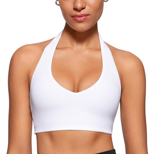 INGIA Womens Halter Longline Sports Bra Padded Low Back Yoga Bra Workout Crop Top with Built in Bra White Medium | Amazon (US)