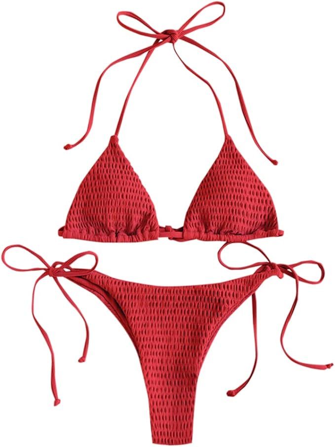 ZAFUL Women's Smocked Triangle Bikini Set Halter String Textured Swimwear Cheeky Thong Two Piece ... | Amazon (US)