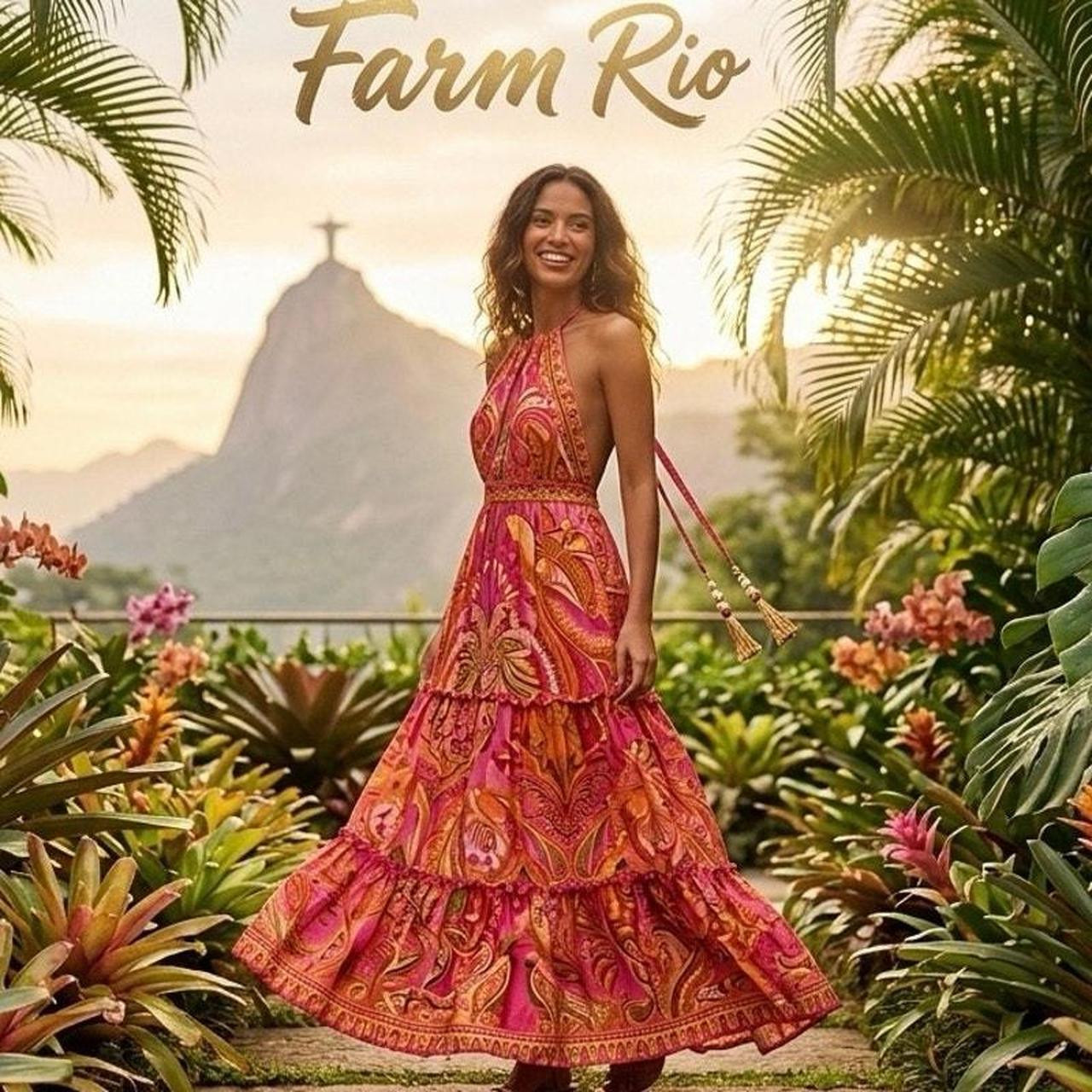 Farm Rio Women's Dress - Pink/Orange - XL | Depop US