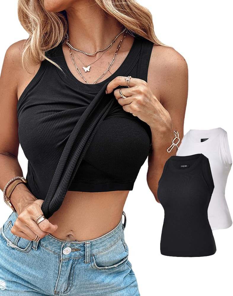 CHICME 2 Piece Tank Tops with Built in Bras Athletic Tank Tops for Women Ribbed Tank Top Fitness ... | Amazon (US)