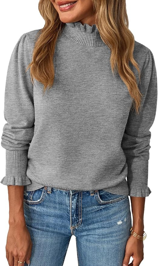 Saodimallsu Womens Ruffle Mock Neck Sweater Puff Long Sleeve Fall Soft Knit Casual Pullover Sweat... | Amazon (US)