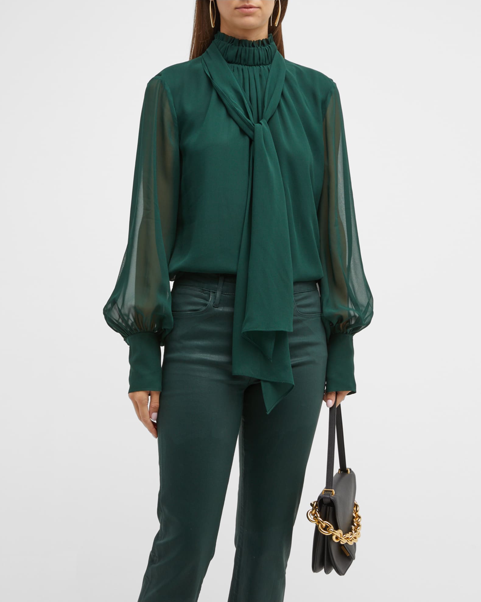 FRAME Long-Sleeve Silk Bow Blouse | Neiman Marcus