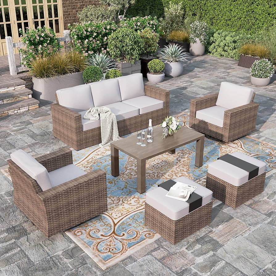 Patio Furiture Set with Swivel Glider Chairs, Outdoor Wicker Conversation Set with 5.5" Thick Cus... | Amazon (US)