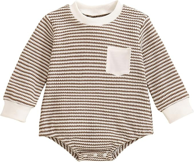 Baby Sweatshirt Romper Boy Girl Waffle Knit Long Sleeve Striped Romper Oversized Sweater Newborn ... | Amazon (US)