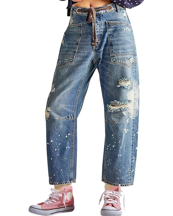 Barrel Jeans Women Trendy Low Rise Drawstring Baggy Jeans Vintage Pant Casual Wide Leg Horseshoe ... | Amazon (US)