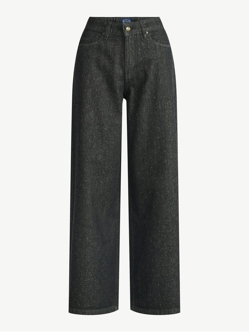 Scoop Women’s and Women’s Plus Rhinestone Embellished Wide Leg Jeans, Sizes 0-26W | Walmart (US)