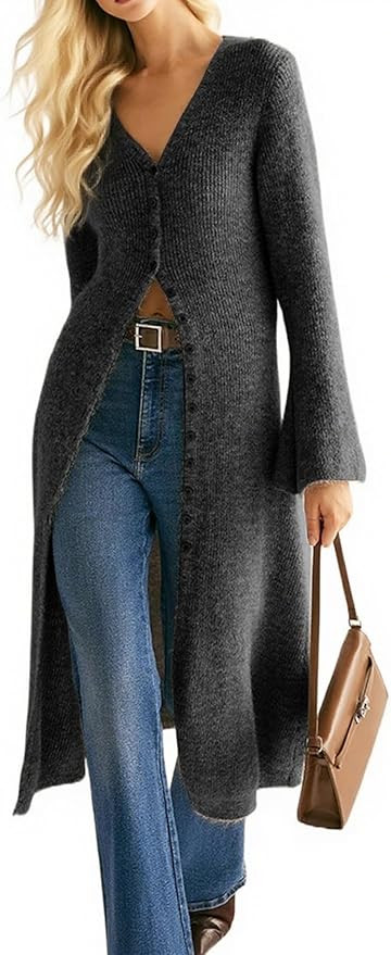 Womens Long Cardigan Sweaters Button Down Bell Sleeve Open Front Ribbed Knit Midi Dress Fall Tren... | Amazon (US)