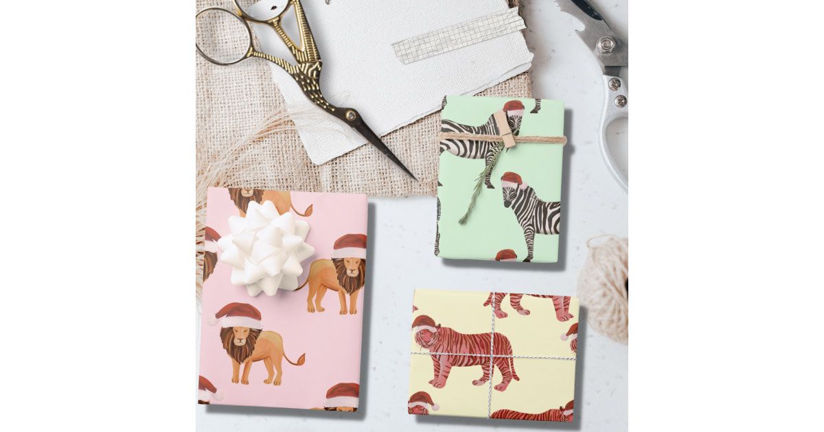 Pastel Christmas Safari Animals | Lion Zebra Tiger Wrapping Paper Sheets | Zazzle