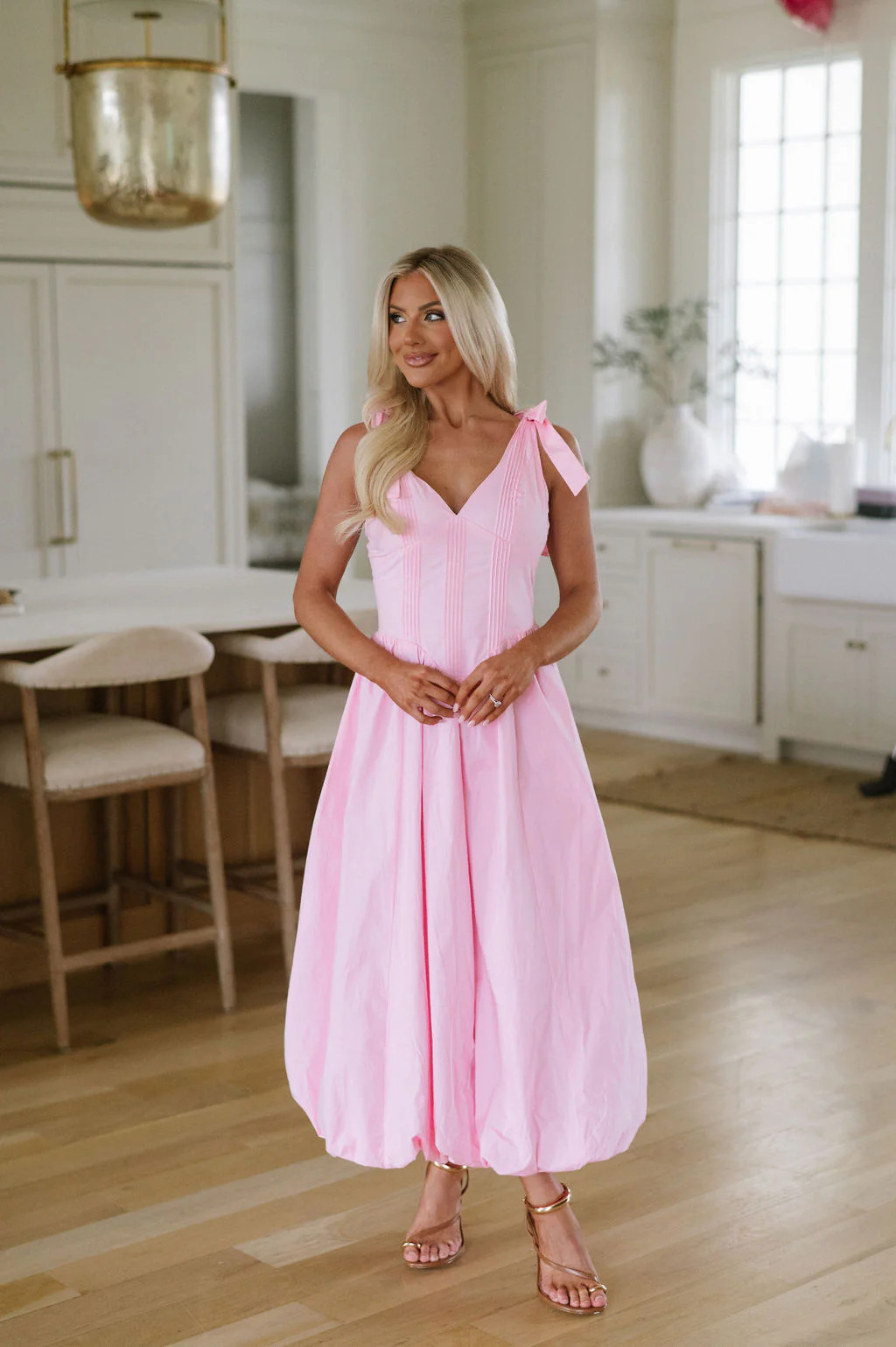 Pintuck Bubble Midi Dress-Pink | These Three