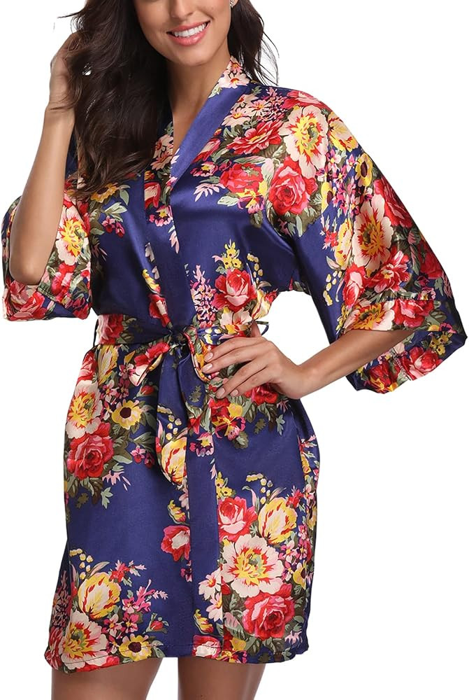 Women's Floral Satin Robes Bride Bridesmaid Getting Ready Robe Short Silky Kimono Sleepwear for W... | Amazon (US)
