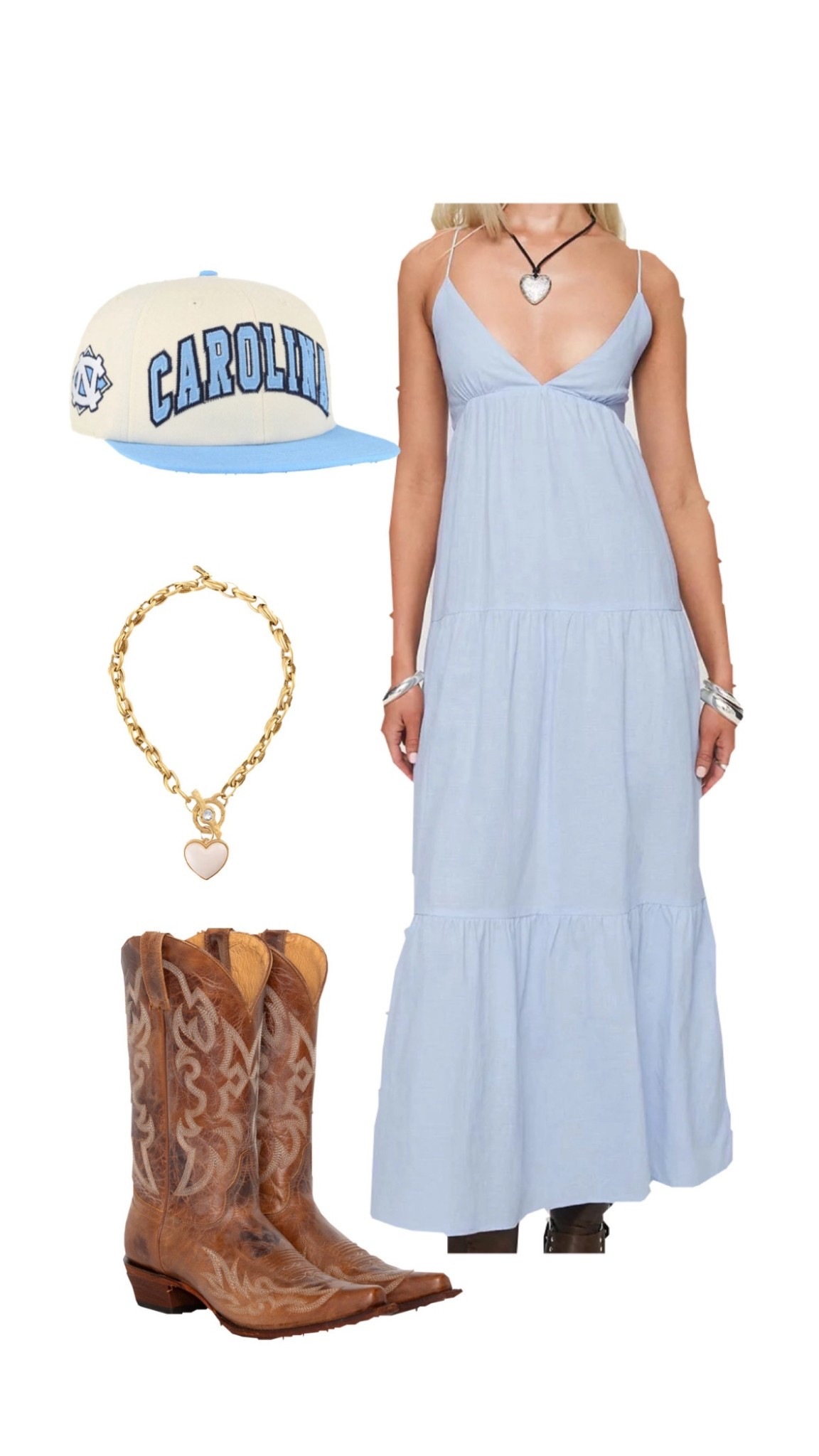 UNC gameday, light blue outfits, maxi dresses, trucker hats, cowboy boots, country outfits, game day outfits, cute dresses, country concert outfits, Carolina outfits 