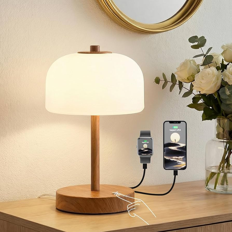 Oneach 9.5" Corded Touch Control Table Lamp with USB A+C Charging Ports, Wood Grain Dimmable LED ... | Amazon (US)