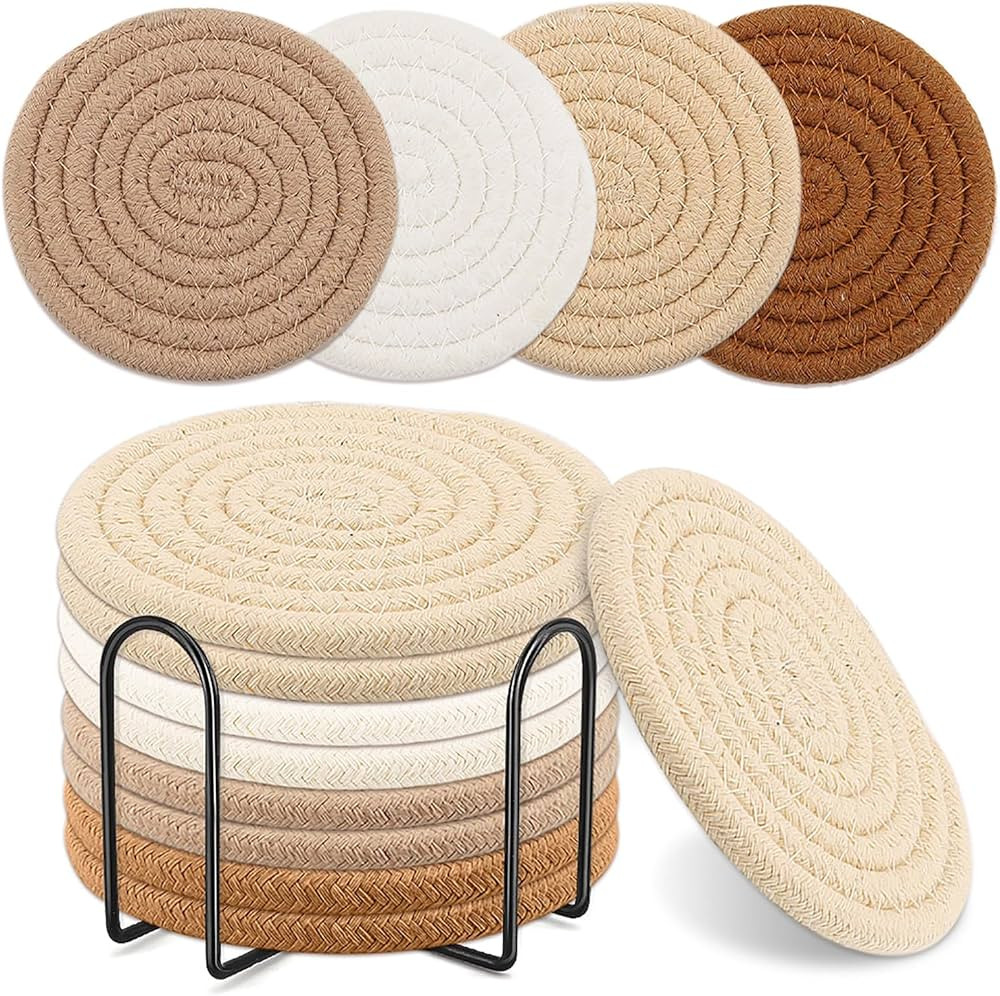 Boho Coasters Set of 8 for Drinks,4 Colors Absorbent Drink Coasters with Metal Holder, Cotton Wov... | Amazon (US)