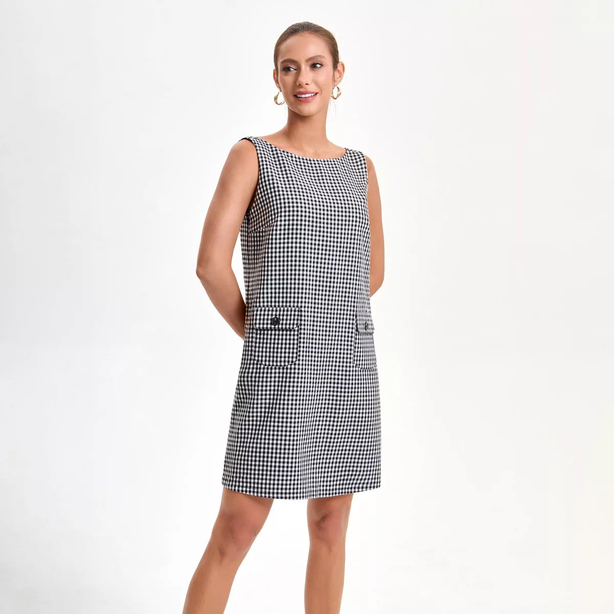 Women's Sleeveless Decorative Pockets Mini A-Line Dress - A New Day™ Black Gingham S | Target