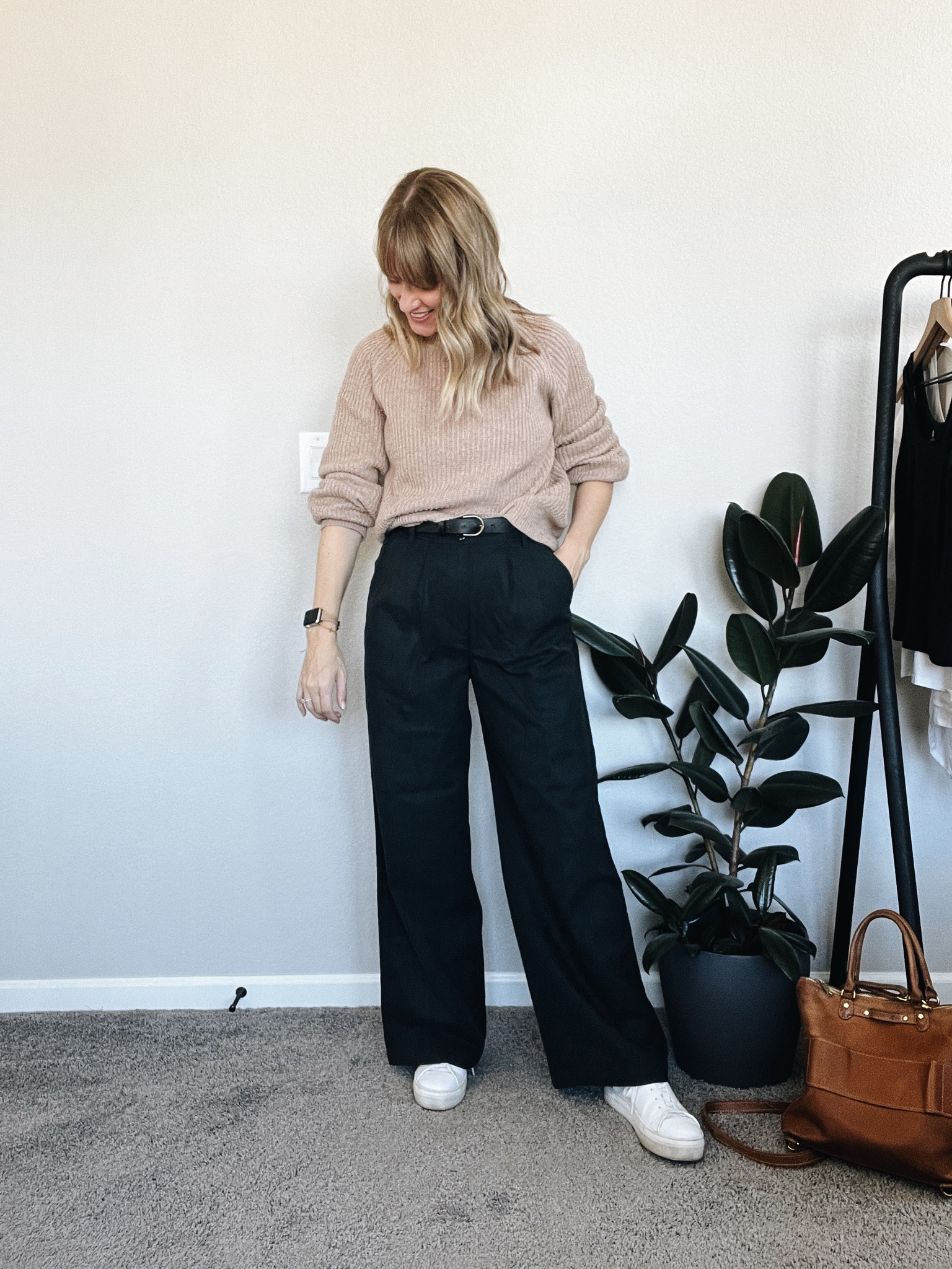 A true transitional outfit: tank + trousers + sweater + white sneakers

#LTKSpringSale