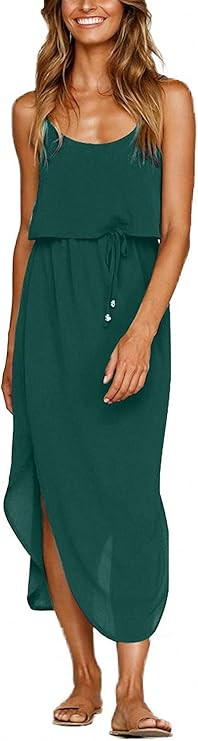OURS Women's Casual Adjustable Spaghetti Straps Sleeveless Split Beach Midi Dresses | Amazon (US)