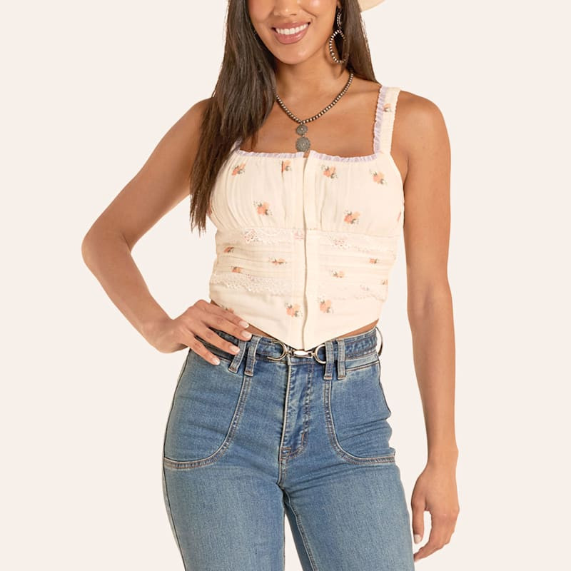 Rock & Roll Denim Women's Peach Floral Print Corset Top | Cavender's