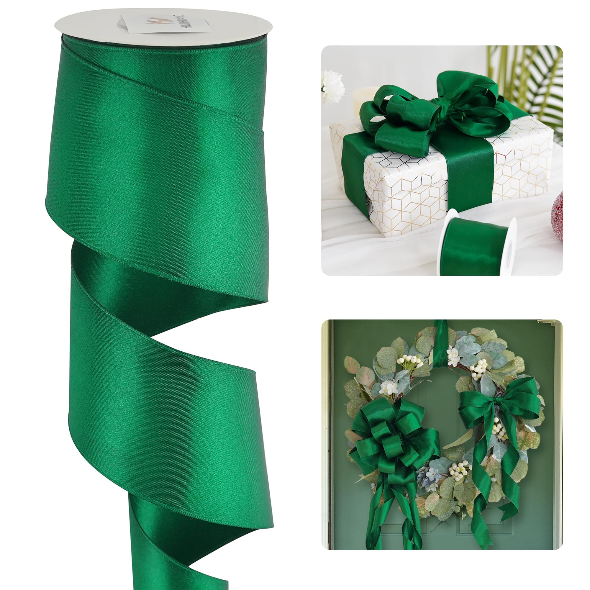 HUIHUANG Forest Green Wired Ribbon 2.5 inch Green Satin Wire Ribbon for Christmas Tree, Wreaths, ... | Amazon (US)