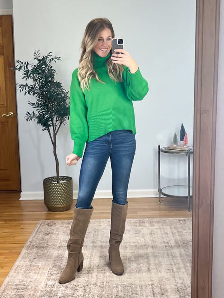 Casual holiday outfit, but elevate it a bit with a fun heeled boot. Wearing size extra small in the sweater.

#LTKSeasonal #LTKHoliday #LTKfindsunder50