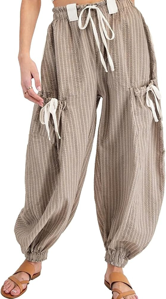 Women's Striped Tie Front Harem Pants Drawstring Elastic High Waisted Pants Casual Loose Fit Trou... | Amazon (US)
