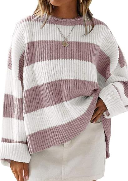 ZESICA Women's Long Sleeve Crew Neck Striped Color Block Comfy Loose Oversized Knitted Pullover Swea | Amazon (US)