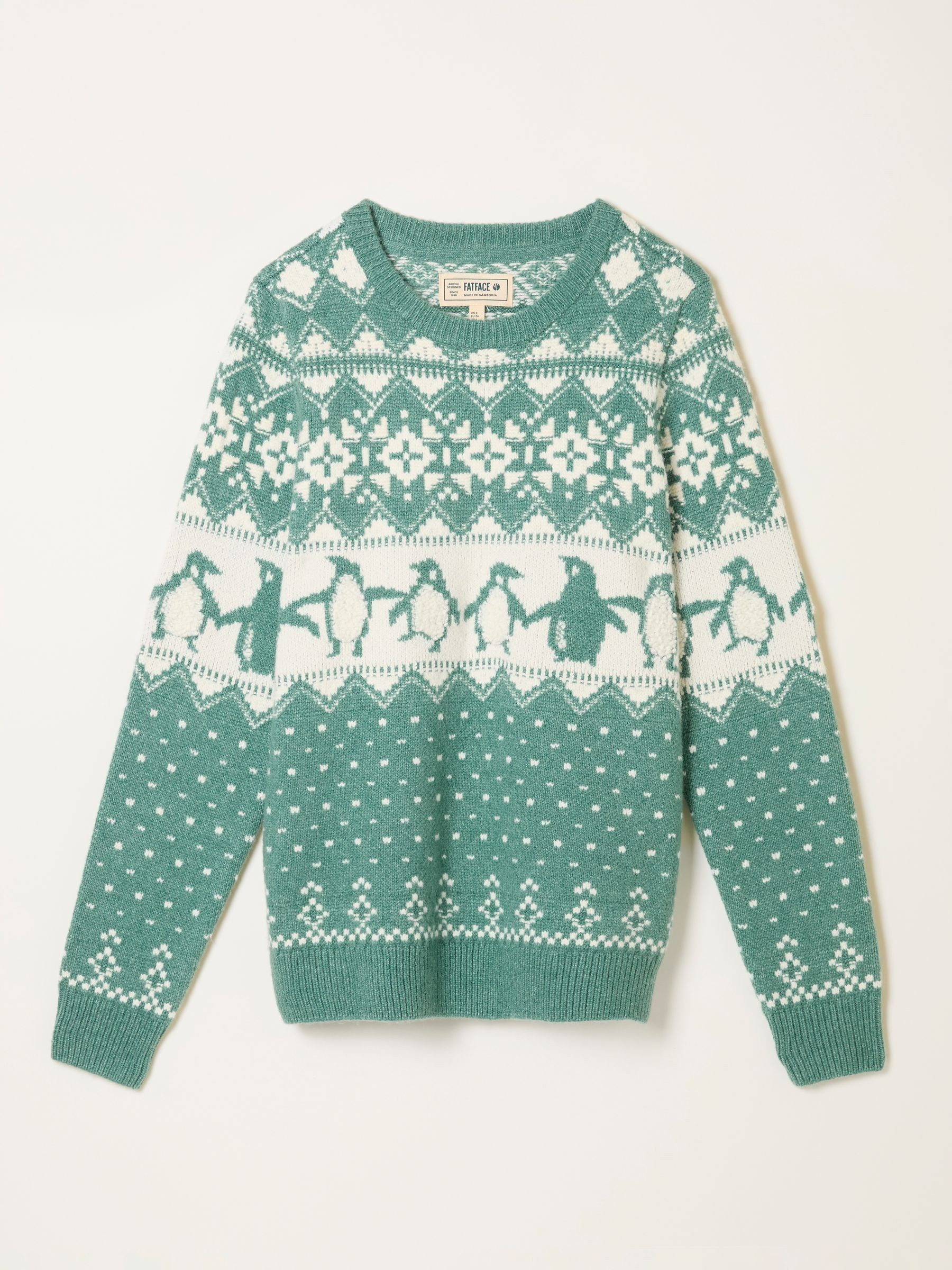 Teal Green Penguin Knitted FairIsle Crew Neck Jumper | FatFace | Fat Face