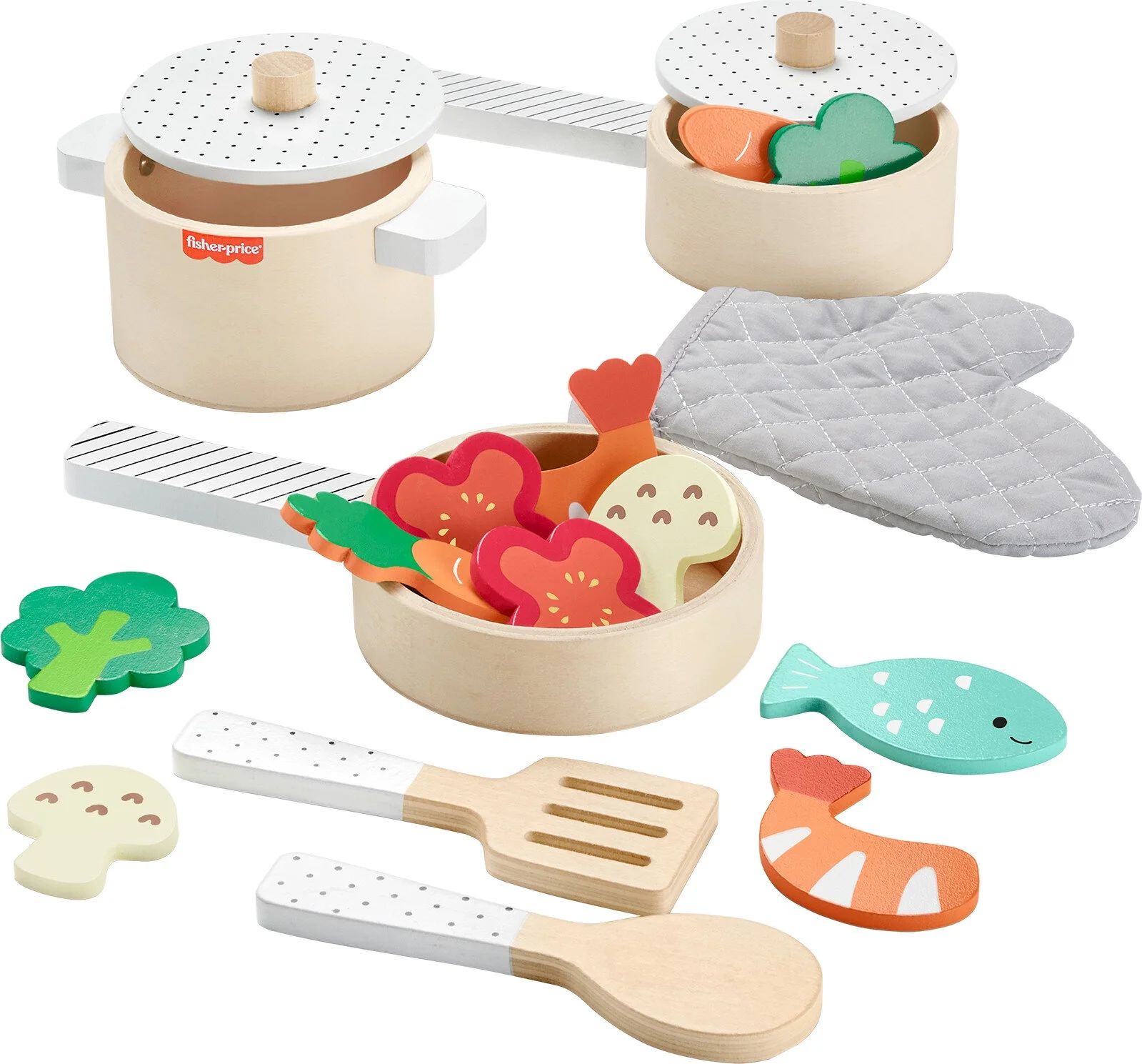 Fisher-Price Wooden Kitchen Pots & Pans Set, 19 Wood Pieces for Preschool Pretend Play, Ages 3+ Y... | Walmart (US)