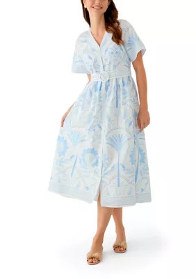 Crown & Ivy Women's Short Sleeve Embroidered Belted Midi Dress, Blue, Large | Belk