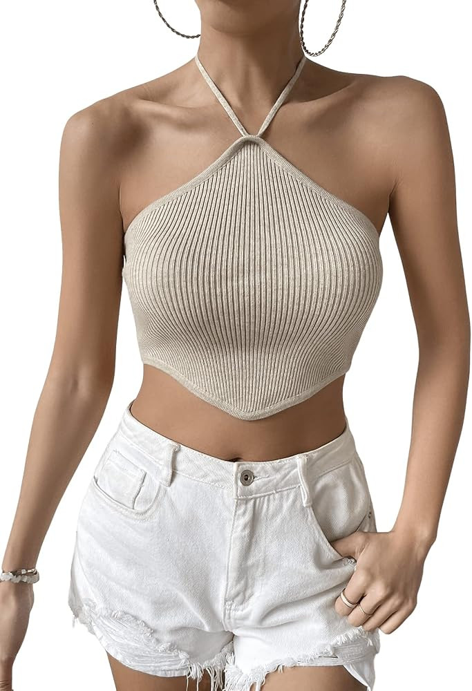 SweatyRocks Women's Sleeveless Tie Back Asymmetrical Hem Knitted Halter Cami Crop Top | Amazon (US)