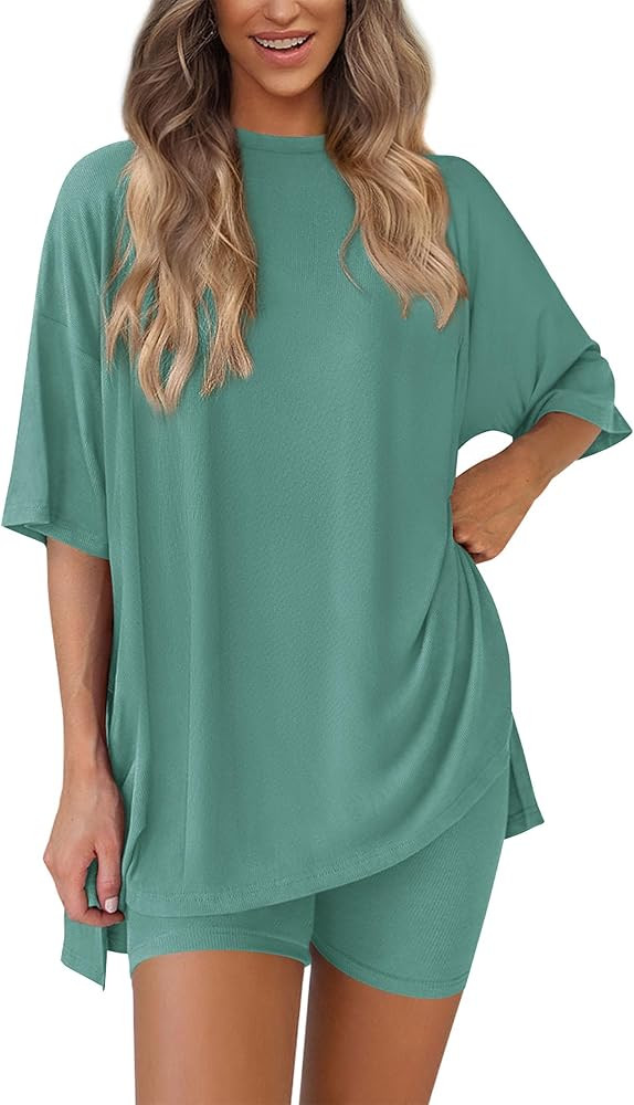 PRETTYGARDEN Women's Two Piece Lounge Set, Summer Casual Oversized Shirts and Biker Shorts, Match... | Amazon (US)