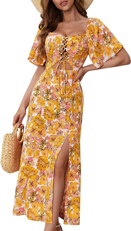 Womens Summer Floral Midi Dress,2023 Casual Boho Dresses Short Sleeve A-line Square Neck Tie Fron... | Amazon (US)