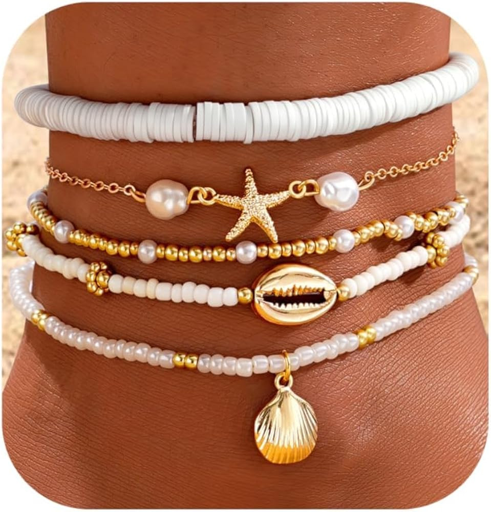 Boho Shell Ankle Bracelet Set for Women, 5 Pairs 14K Boho Bead Handmade Adjustable Anklet, Hawaii... | Amazon (US)