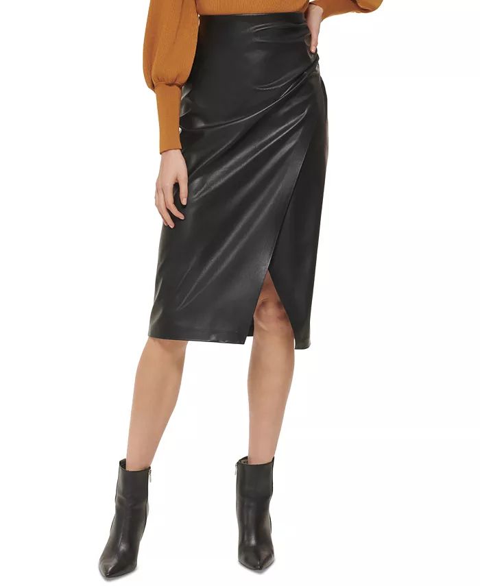 Women's Faux-Leather Ruched-Side Midi Skirt | Macy's