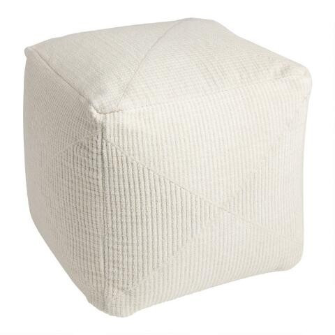 Square Ivory Plush Textured Pouf | World Market