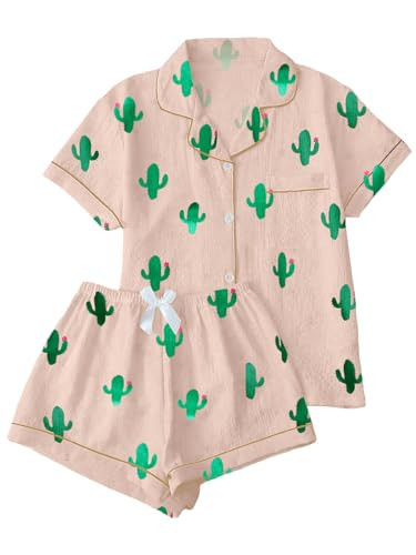 Remidoo Women's Cactus Print Short Sleeve Button Down Polyester 2 Piece Pajama Set Sleepwear Pink Large | Amazon (US)