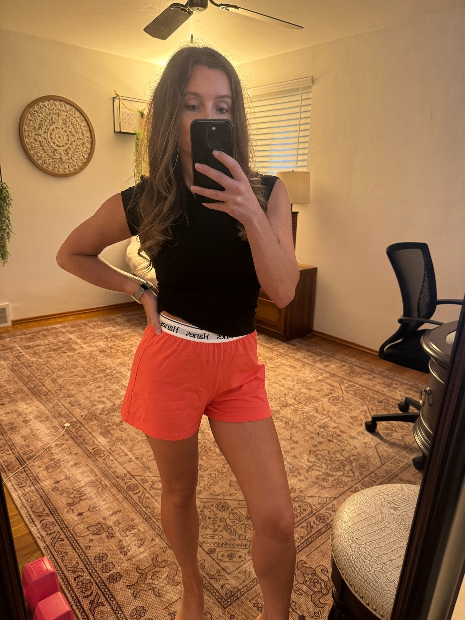 Lounge wear shorts by Hanes
￼ for reference, I’m 5 foot one I got a size extra small and they run a little bit big