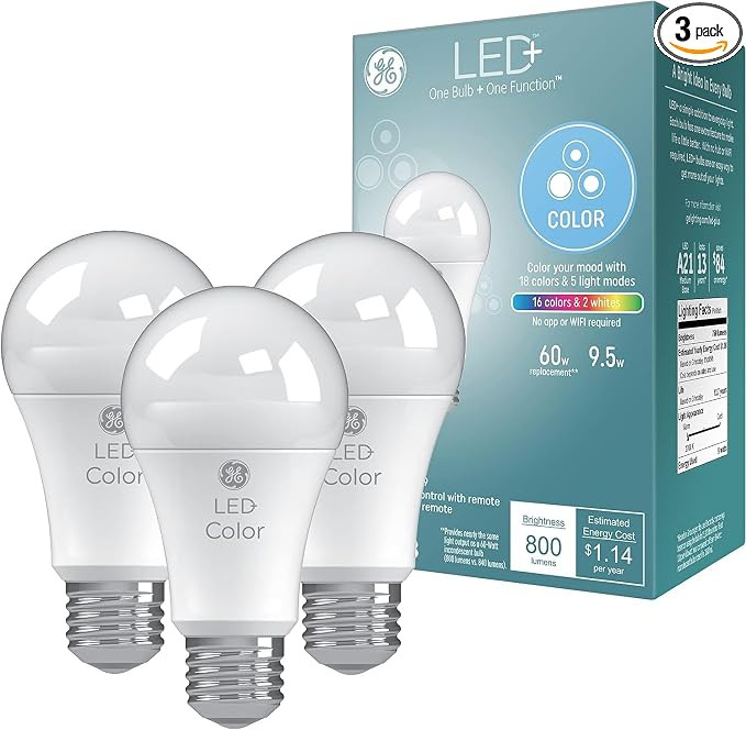 GE LED+ Color Changing LED Light Bulbs with Remote, No App or Wi-Fi Required, A19 Bulbs (3 Pack) | Amazon (US)