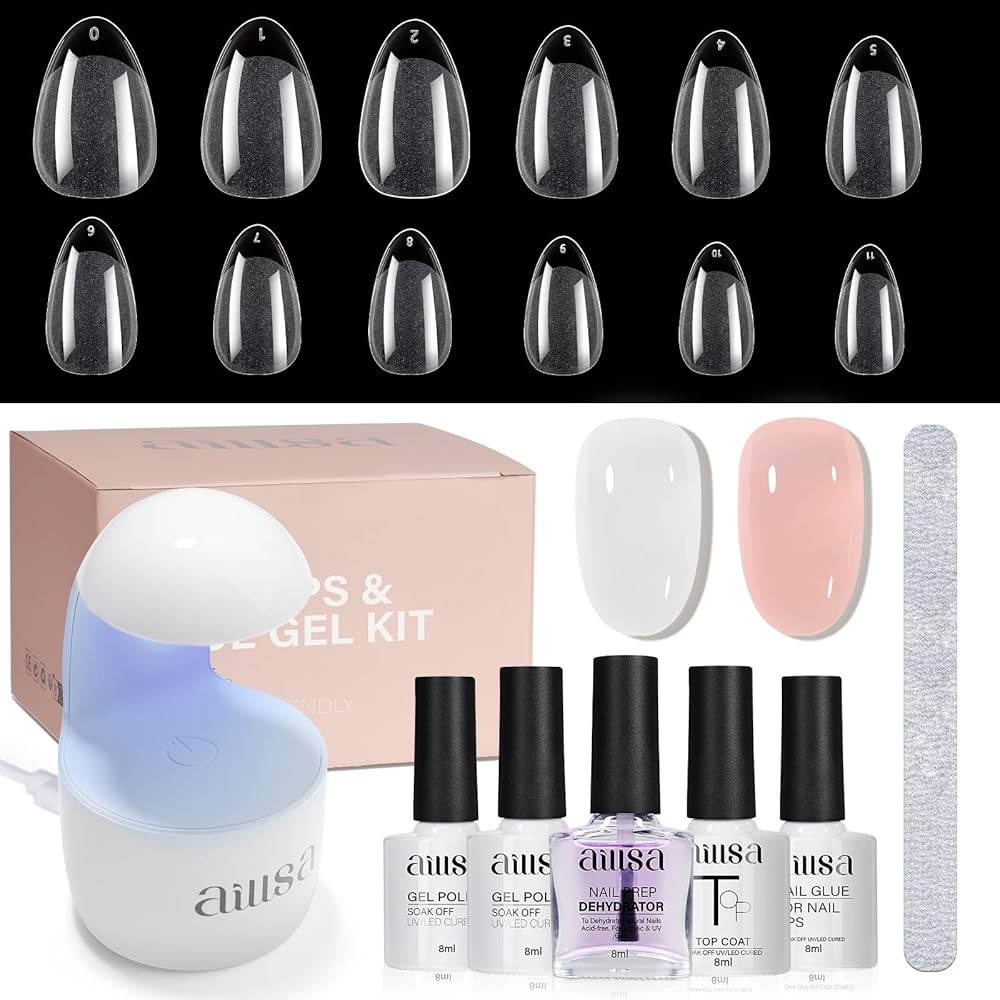 Amazon.com: AILLSA Nail Extension Kit Short Almond Nail Tips 240pcs with 2 In 1 Nail Glue Base Co... | Amazon (US)
