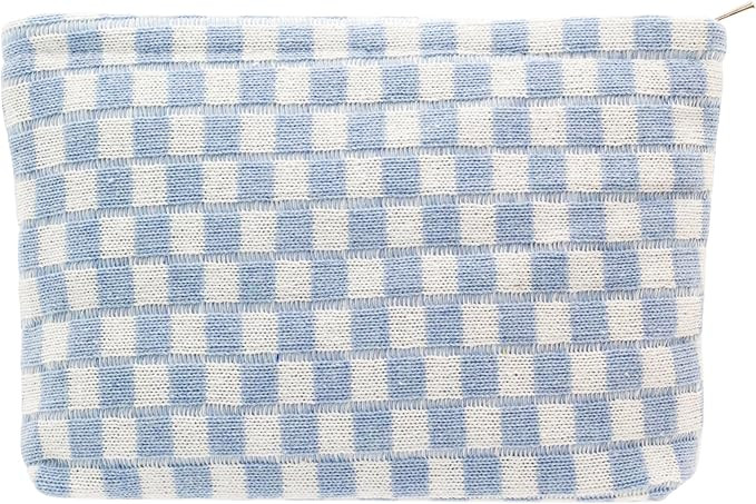 PAZIMIIK Knit Checkered Makeup Bag Large Zipper Make Up Accessory Pouch for Purse Cosmetic Brush ... | Amazon (US)
