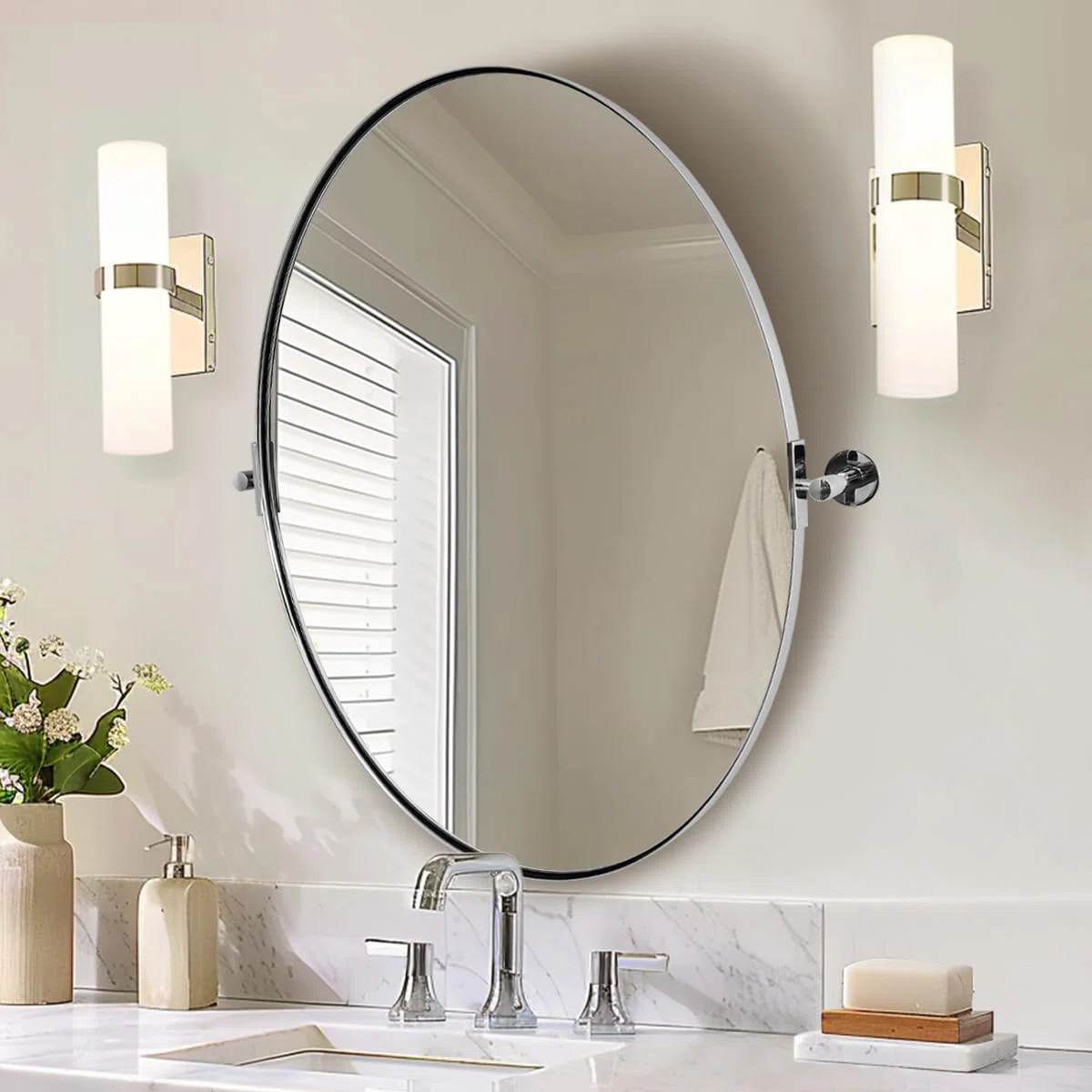 Tilting Oval Bathroom Vanity Wall Mirror | Adjustable Pivot Stainless Steel Frame | Wayfair North America