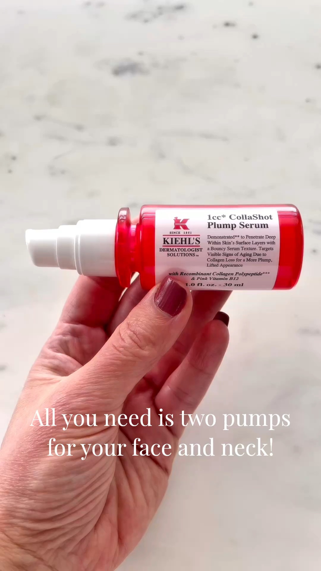 😘FACE & NECK SERUM: #ad Looking for a serum that will be a game changer? @kiehls #kiehls

🫶🏻This face serum visibly plumps skin and helps target visible signs of aging due to collagen loss. 

🫶🏻Formulated with Recombinant Collagen Polypeptides & a patented technology.

Step 1: Pump 2 drops
Step 2: Apply on face and neck both AM & PM
Step 3: Follow with moisturizer

🙌🏼KIEHL’S PRODUCT & CLINICAL TEST INFO:
1cc* CollaShot Plump Serum with Recombinant Collagen Polypeptides* in an advanced Supra-Liposomal delivery system is our pink plumping serum clinically proven to plump and lift, with cheek sagging improved by +22% in an 8-week clinical test of consumers prescribed a GLP-1 for weight loss.

Supra-Liposomal delivery system for instant skin-plumping performance and amplified results with continuous use.
Engineered to help enhance skin surface penetration, the formula delivers serum actives up to 10 surface layers deep for amplified results**.
Vitamin B12 gives the formula its natural pink color.
Rhamnose helps target visible signs of aging due to collagen loss such as wrinkles, loss of elasticity and firmness.

#LTKSeasonal #LTKOver40 #LTKTravel #LTKgrwm #LTKvlog #LTKselfcare #LTKU #LTKBeauty