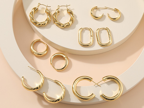 Gold Hoop Earrings Set for Women, 6 Pairs 14K Gold Plated Lightweight Hypoallergenic Chunky Open ... | Amazon (US)