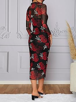 Floerns Women's Floral Print Long Sleeve Mock Neck Bodycon Dress Elegant Contrast Mesh Long Dress... | Amazon (US)