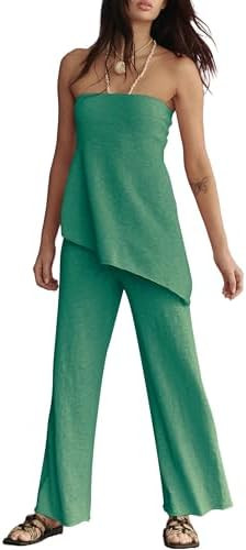 TERIVEEK Summer Knit Sweater Sets for Women 2 Piece Vacation Outfits Strapless Tube Top and Pants... | Amazon (US)