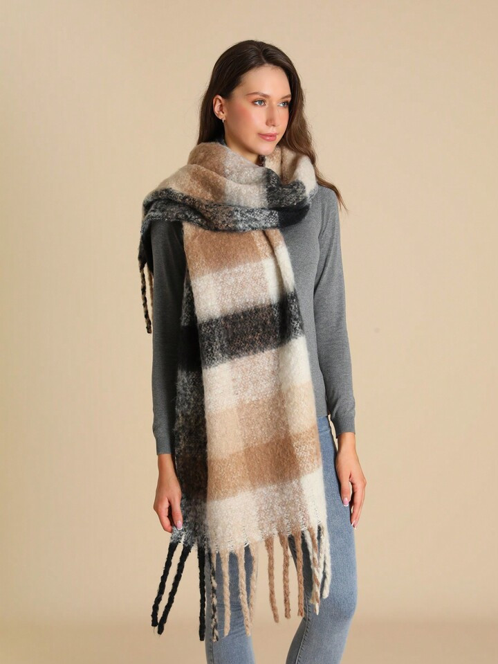 1pc Women's Thickened, Oversized And Warm Plaid Scarf With Tassels, Suitable For Daily Wear | SHEIN