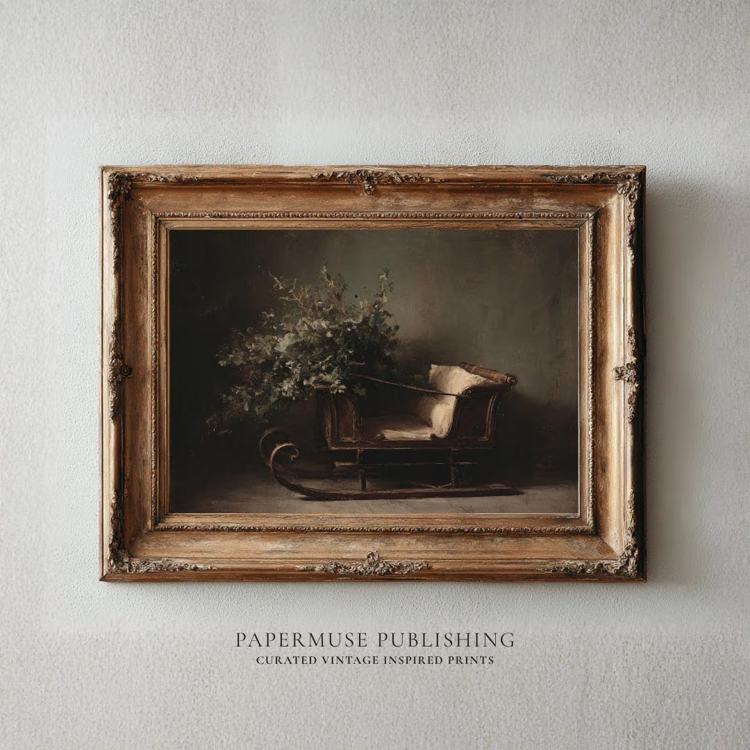 Rustic Winter Sleigh Wall Art, Vintage Christmas Décor Print, Antique Holiday Painting, Cozy Far... | Etsy (US)