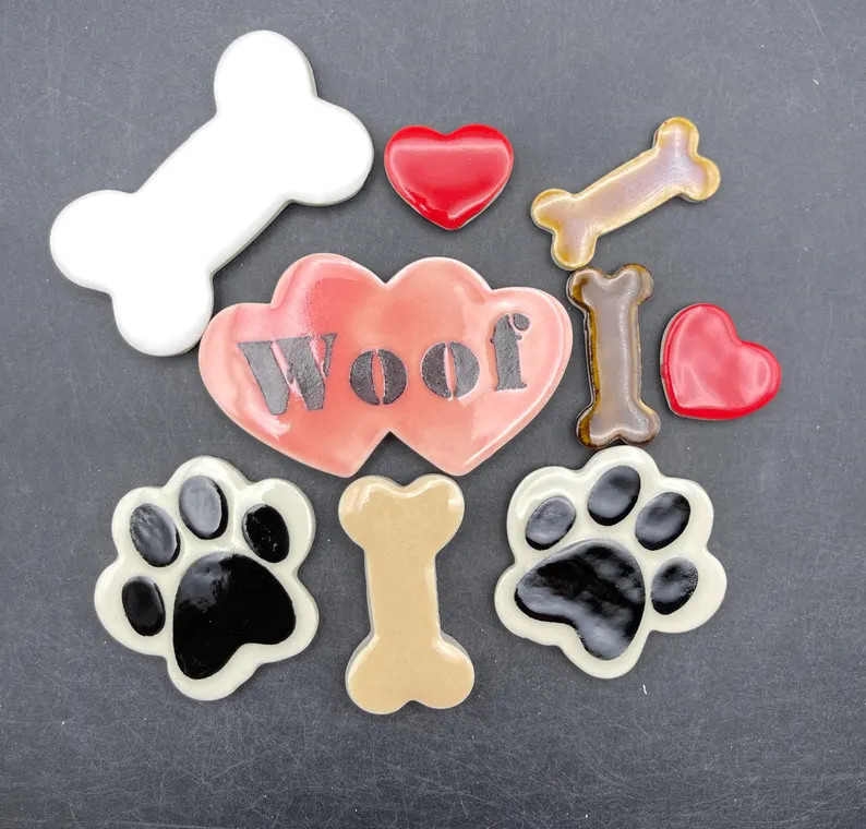 Ceramic Paw Prints and Dog Bone, Woof Heart Mosaic Tiles and Heart Tiles. Handmade by Fabulousfun... | Etsy (US)